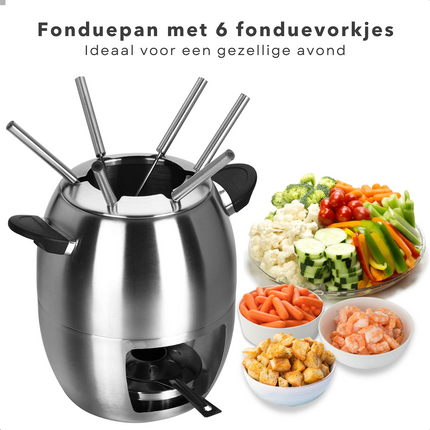 Cheqo® Fondueset - Fonduepan - 6 personen - RVS - ø23.5xh21cm - Spatdeksel - Met Fonduevorken en Fonduebrander - 859g Fondueset