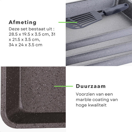 Cheqo® 3-Delige Braadslede Set - Braadsledes - Ovenschaal - Marble Coating - Met Spatel - 3 Formaten Ovenschalen