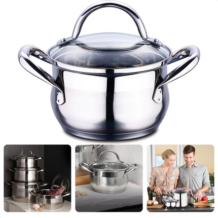 Cheqo® Kookpan 16cm - 1.7L - RVS 18/10 - Glazen Deksel - Maatverdeling - Energiebesparende Bodem - Voor Alle Warmtebronnen Inclusief Inductie - Vaatwasmachine-bestendig Kookpan