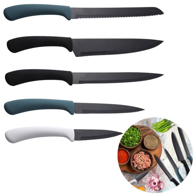 Cheqo® PRO Messenset met Koksmes - Broodmes - Schilmes - Universeel Mes - Snijmes - RVS - Vaatwasserbestendig - Keukenmessen - Koksmessen - 5 Delig Messensets