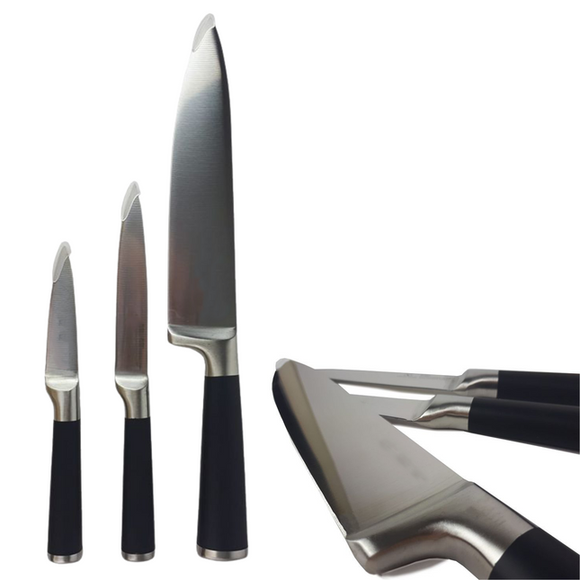 Cheqo® PRO Luxe Messenset met Koksmes - Schilmes - Universeel Vleesmes - RVS - Vaatwasserbestendig - Keukenmessen - Koksmessen - 3 Delig Messensets
