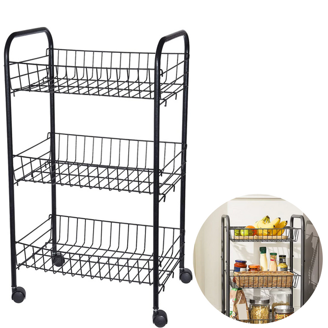 Cheqo® Keukentrolley - Opbergrek Verrijdbaar - Rolwagen - Keukenrek - Trolley - Voor Badkamer of Keuken - Zwart met 3 Manden - 40x26xH62cm Keukentrolley