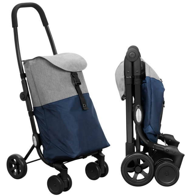 Cheqo® Boodschappentrolley met Wielen - Boodschappenkar - Trolley - Uitneembare Tas - Afneembare Boodschappentas - 43.5 Liter - 43x50x103cm - Blauw Grijs Boodschappentrolleys