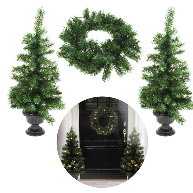 Cheqo® Luxe Kerstdecoratie Set - Kerstbomen Set - 2 Kleine Kerstbomen - Kerstkrans - Inclusief LED - Op Batterijen - Timerfunctie - Voor Buiten en Binnen - Kerstset Kunstkerstbooom