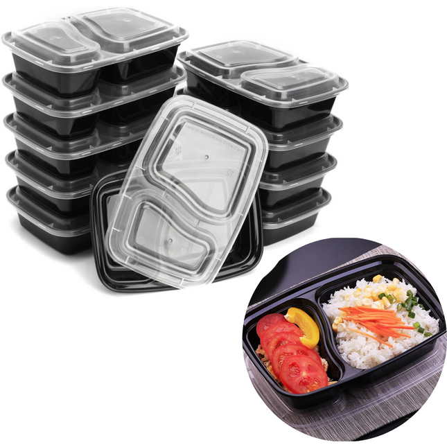 Cheqo® Vershoudbakjes Herbruikbaar - Mealprep Bakje - Meal Prep Bakjes - Diepvriesbakjes - Lunchbox - Vershouddoos - Plastic Bakjes - Magnetron Bakjes - Voedselcontainer - 10 Stuks met 2 Compartimenten Meal Prep Bakjes