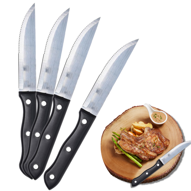 Cheqo® RVS Steakmessen Set - Messenset - Tafelmessen - BBQ Messen - Vleesmessen - Steakmessenset - Vaatwasserbestendig - Zwart - 4 Stuks - 25 cm Steakmessen