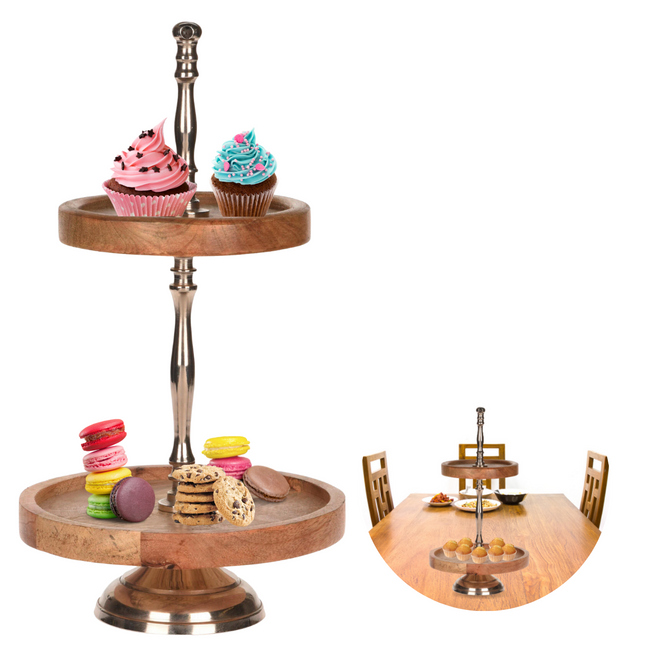 Cheqo® Luxe Etagère - Serveerplank - Serveertoren - Mangohout - 2 laags Etagere