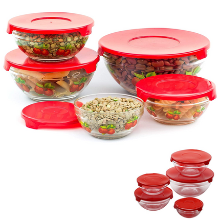 Cheqo® Glazen Vershoudbakjes - Lunchbox - Glazen Kommen - Voedselcontainer - Vershouddoos - Voorraadschaal - Met Deksel - 10 Stuks - Rood Vershoudbakjes