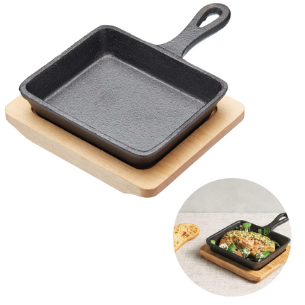 Cheqo® Braadpannetje - Tapaspan - Koekenpan - Voor Oven en Gasfornuis - Gietijzer - Met Onderzetter - 14x14 cm Koekenpan