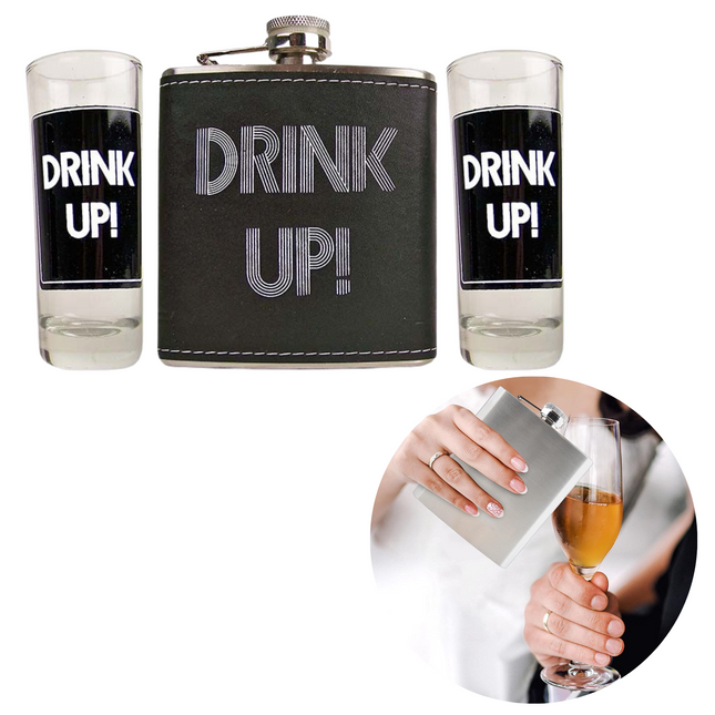 Cheqo® Heupfles met 2 Shotglazen - Veldfles - Drink Up! - Flacon - Drinkfles - RVS met PU Leer Heupfles