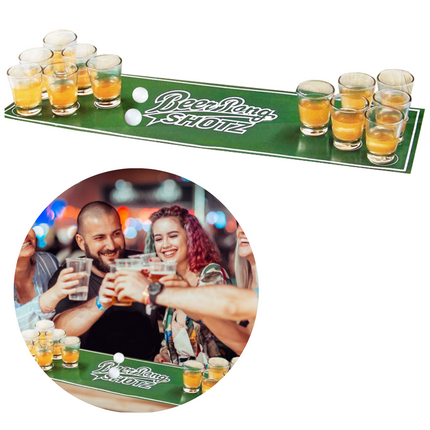 Cheqo® Beer Pong Spel - Drankspel - Bierpong Speelmat - Biermat - Inclusief 12 Shotglazen - Shotglaasjes - Drankspelletje Actiespellen