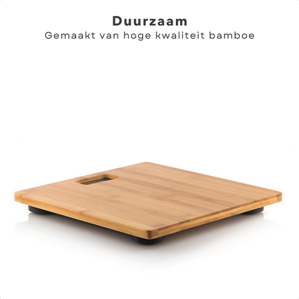 Cheqo® Digitale Personenweegschaal van Bamboe - Weegschaal Digitaal - 30x30x3cm - 180kg - Anti-Slip Noppen - 2x AAA Batterijen Personenweegschaal