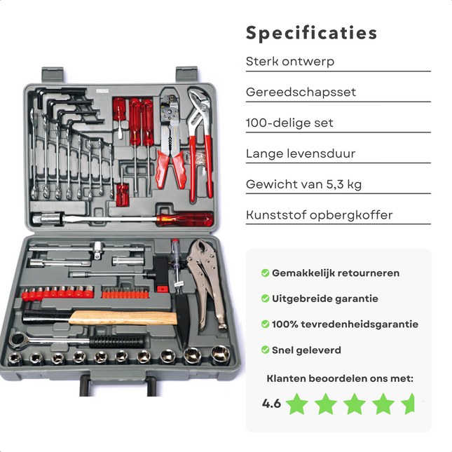 Cheqo® 100-delige Gereedschapsset in Koffer - Gereedschapskist - Gereedschapskoffer - Schroevendraaiers - Waterpomptang - Afstriptang - Ring-/Steekleutels - Griptang - 12V Spanningszoeker - Bankhamer - Omschakelbare Ratel - Doppenset - Inclusief Koffer Gereedschapskoffers