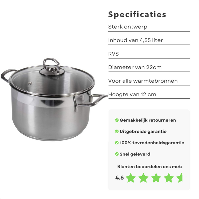 Cheqo® Kookpan met Deksel - 22cm - 4.5L - RVS - 4550ml - 3.8mm - 1400g - Vaatwasser - Gas, Elektrisch, Keramisch, Inductie, Halogeen, Oven Kookpan