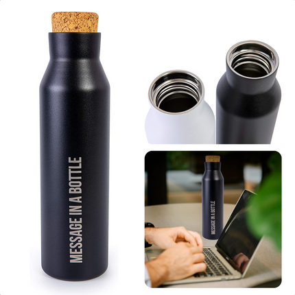 Cheqo® Thermosfles 590ml - RVS - Isolatiefles - Thermoskan - RVS Fles - Vacuümfles - Message in a Bottle - Zwart Thermosfles