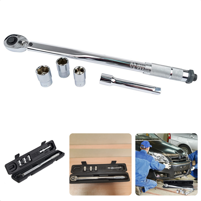 Cheqo® Momentsleutel Set - 1/2 - 5-delig - 40-210 Nm - Verlenging 125mm - Doppen 17-19 & 21mm - Omschakelbaar - In Kunststof Doos Momentsleutel