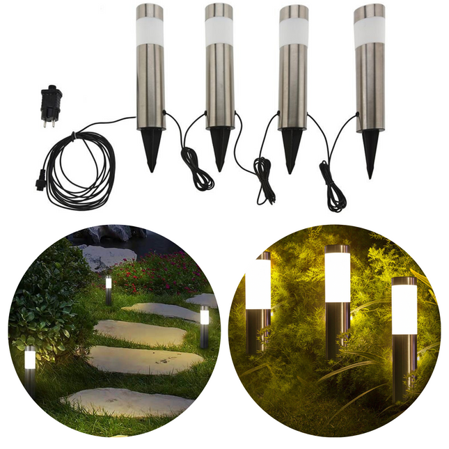 Cheqo® Tuinverlichting - Tuinlampen - Padverlichting - RVS - Grondpin - Tuin Verlichting - Buitenverlichting - 37.5cm - 4 Stuks Padverlichting