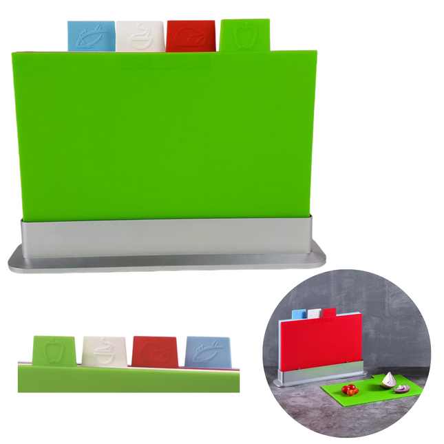 Cheqo® Index Snijplankenset met Houder - Snijplanken met Houder Set - Voorkomt Kruisbesmetting - 4 Stuks met Houder - 29x22.5x0.4cm Snijplank