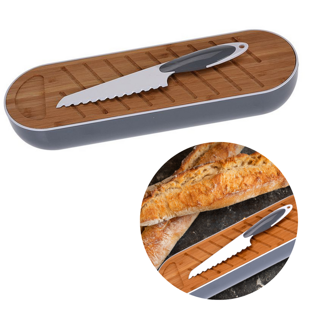 Cheqo® Stokbrood Snijplank met Broodmes - Stokbroodsnijder met Broodtrommel - Stokbrood Snijden - Snijder - Grijs - Kartelmes 15cm Lang - 40x12.5x8.5cm Snijplank