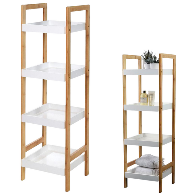 Cheqo® MDF Badkamer Rek - Badkamerrek - 4 laags - Opbergrek - Bamboe - Badkamerkast Badkamerrek
