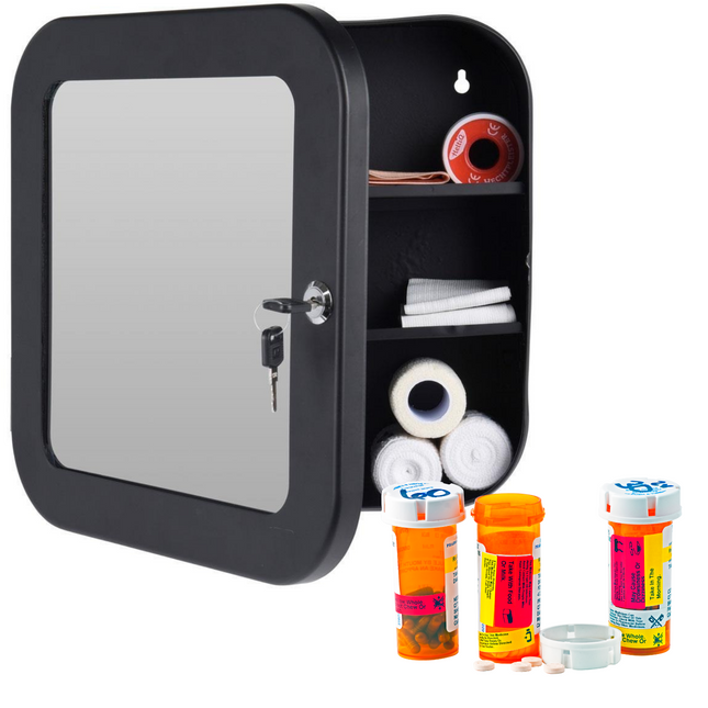 Cheqo® RVS Medicijnkastje met Slot - Afsluitbaar Kastje - Medicijnkast - Hangkast - Badkamerkast - 32x32x12cm - Zwart Medicijnkastje