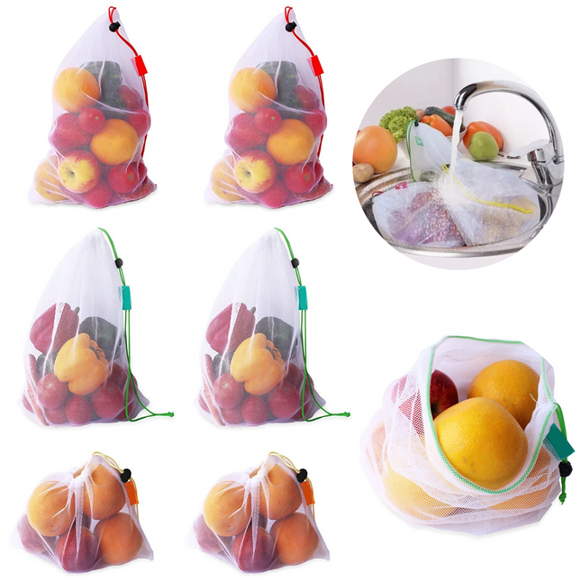 Cheqo® Groente en Fuit Zakjes - Fruitzakjes - Groentezakjes - Vershoudzakken - Herbruikbare Zakjes - Polyester - 6 Stuks Vershoudzakken