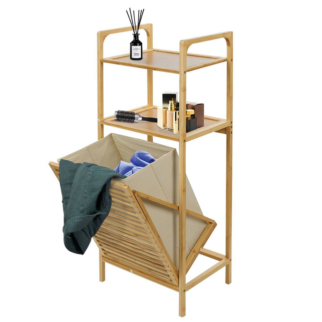 Cheqo® Luxe Bamboe Badkamerrek met Wasmand - Badkamerkast - Badkamermeubel met 2 Rekken - Handoekkast - Handoekhouder Badkamerkast