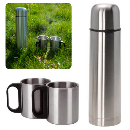 Cheqo® Isolatiekan 1L met 2 Bekers - 1000ml - Thermoskan - Isolatiefles - Drinkfles Vacuüm Geïsoleerd - BPA-Vrij Isolatiefles