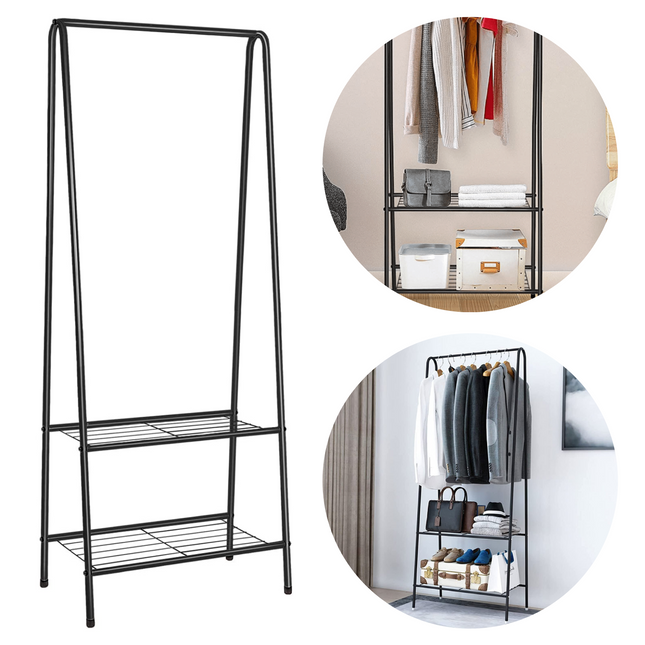 Cheqo® Kledingrek met Schoenenrek - Zwart Metaal - 152 cm Hoog - 61 cm Breed - Inclusief 2 Schoenrekroosters - Eenvoudig te Monteren - Schoenenrek - Kledingkast - Klerenkast - Garderobekast - Staand - Kledingrek op Wieltjes - Kledingrek met Schoenenrek Kledingrek