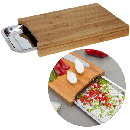 Cheqo® Snijplank met Opvangbak voor Snijafval - Snijplank Bamboe - 1 RVS Lade - Uitschuifbaar - Snijplank met Afvalbak - 35x25x4cm Snijplank