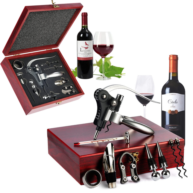 Cheqo® Wijnset - Wijn Accessoires Set - Met Kurkentrekker - Spiraal - Wijnthermometer - Foliesnijder - 4 Wijnstoppers - Trechter - Kurk - In Luxe Houten Kist Wijnset