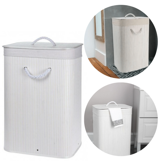 Cheqo® Opvouwbare Wasmand - Opbergmand - Linnenmand - Wasbox - Wassorteerder - Laundry Basket - Wasmand Opvouwbaar - Bamboe Wit - 40x30xH60cm wasmand