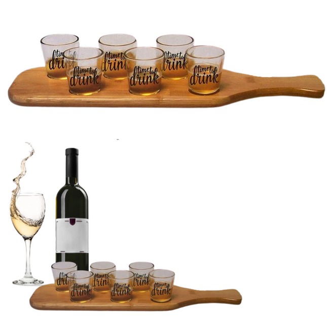Cheqo® Serveerplank met 6 Shotglazen - Dienblad - Shotjes - Shotglas - Drinkglazen - 40x11x11cm Shotglaasjes