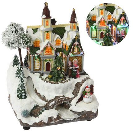 Cheqo® Kerstdorp met Rivier - Kersttafereel - Kerstdecoratie - Met LED Licht en Draaiende Kerstboom Kerstdorp
