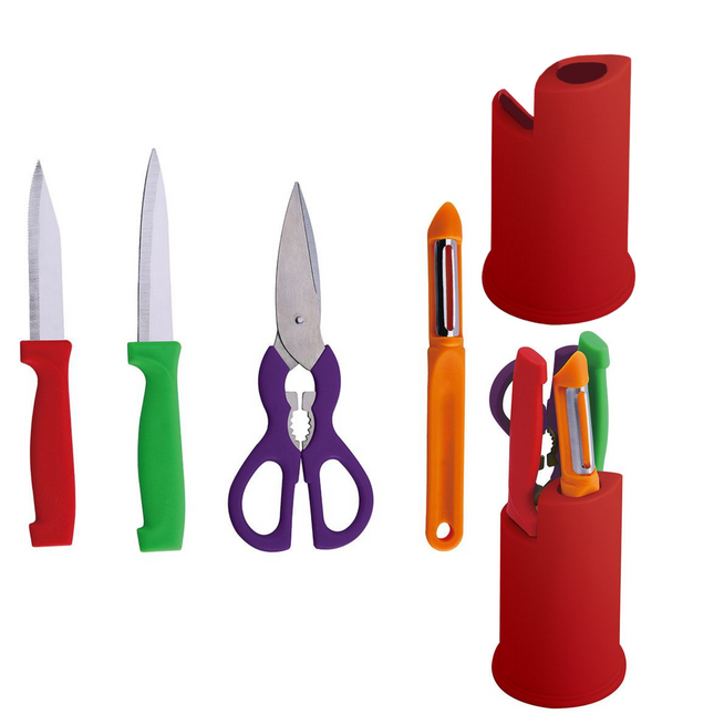 Cheqo® Keuken Messenset - Keukenmes - Messenset met Blok - 5 Delig - Met Schilmes - Dunschiller - Schaar - Messenblok - Universeelmes Messenset Keukenmessen