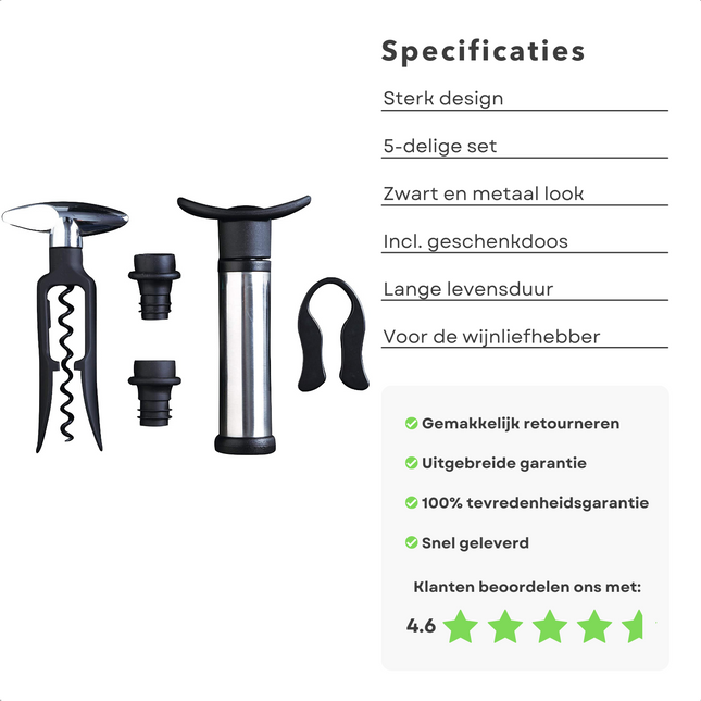 Cheqo® Luxe Wijnset - 5 delig - Wijnopener, Foliesnijder, Vacuum Pomp, 2 Vacuum Wijnstoppers  - Verpakt in een luxe geschenkdoos - Wijn Accessoires Wijnset