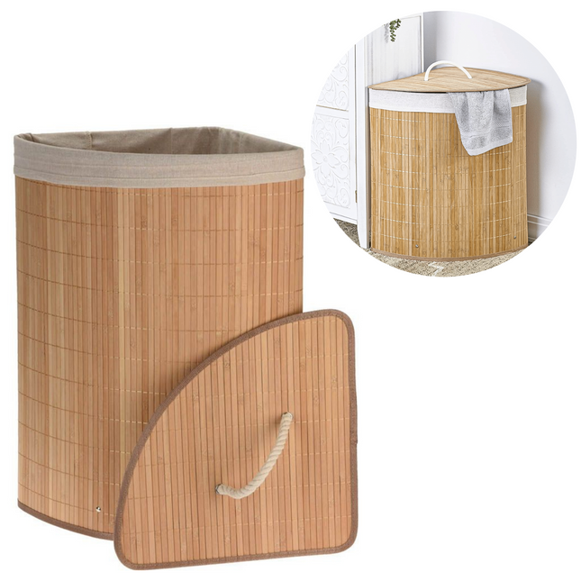Cheqo® Hoek Wasmand met Deksel - Linnenmand - Wasbox - Wassorteerder - Laundry Basket - Bamboe Bruin - Beige Waszak - 35x35x60cm wasmand