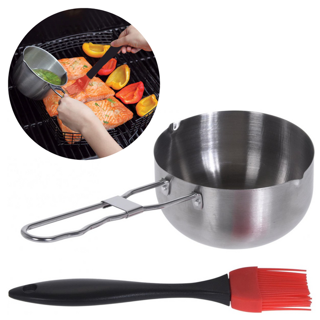 Cheqo® RVS BBQ Sauspan - Sauspan voor Barbecue - Steelpan met Kwast - ø11.5cm - Siliconen Kwast Sauspan