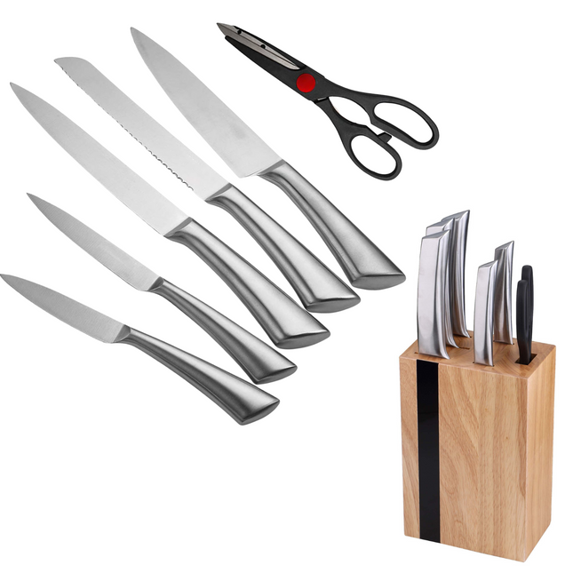 Cheqo® PRO Messenset met Messenblok - Koksmes - Broodmes - Vleesmes - Universeel Mes - Schilmes - Keukenschaar - RVS - Vaatwasserbestendig - Keukenmessen - Koksmessen - 7 Delig Messensets