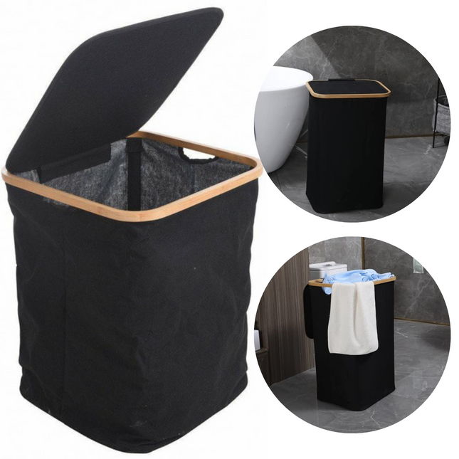 Cheqo® Luxe Wasmand met Deksel - Opbergmand - Linnenmand - Wasbox - Wassorteerder - Laundry Basket - Zwart - Polyester en Katoen - 40x40x52cm wasmand