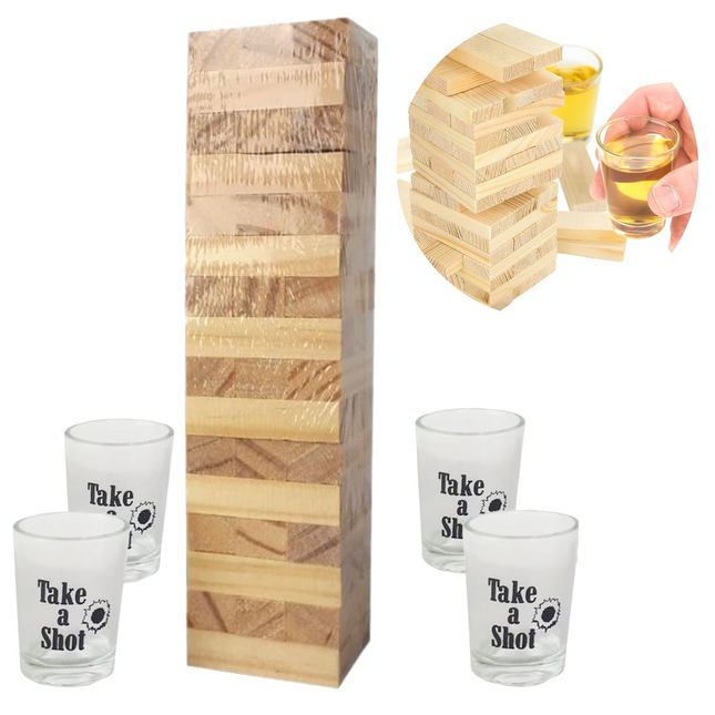 Cheqo® Torenspel Drinkspel - Stapeltoren - Houten Toren - 48 Stenen met 4 Shotglaasjes - Shotglazen - Drankspel Actiespellen