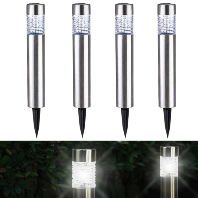 Cheqo® LED RVS Grondspot - Waterdicht - Buitenverlichting - Buitenlamp - Padverlichting - Solar Tuinspot - Tuinverlichting met Zonnepaneel - Solarlamp - ø6cm - 39cm - 4 Stuks Grondspot