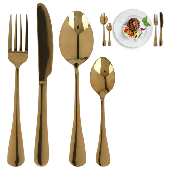 Cheqo® Luxe Gouden Bestekset - RVS - Mirror Polish Goud - 16 Delig - Goud Bestek - Lepels - Messen - Vorken - Voor 4 Personen Bestekset