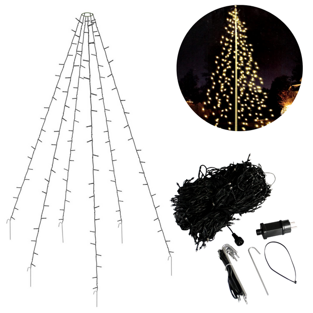 Cheqo® Vlaggenmast Verlichting - Lichtketting Vlaggenmast - Kerstverlichting - Kerstboom Verlichting - 120 LED's - 200cm - Inclusief Haringen Vlaggenmast Verlichting
