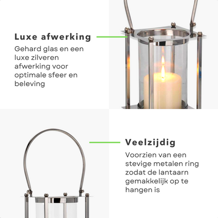 Cheqo® Luxe Ronde Lantaarn - Kaarsenhouder - Zilverkleurig - 24/44cm - 16x16cm - Zonder Kaars Tuinlantaarns