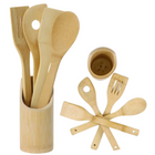 Cheqo® Bamboe Keukengerei Set met Houder - Spatelset - Keuken Spatel - Kookgerei Set - Duurzaam Bamboe - Spatels - 4 Stuks - 30cm Lang Keukengerei Set