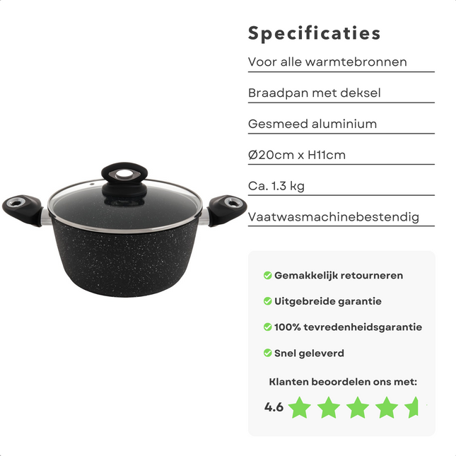 Cheqo® Braadpan Inductie - Ø20cm - 3mm Dikte - Soft Touch Handvat - 1.8kg - Alle Warmtebronnen - Vaatwasserbestendig - Pfoa Vrij - Non-Stick - Keramische Coating Braadpan