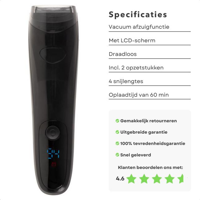 Cheqo® Baardtrimmer - Scheerapparaat - Trimmer - Vacuüm Afzuigfunctie - Met LCD-scherm - Draadloos - Oplaadbaar - 600 mAh - 2 Opzetstukken - 4 Snijlengtes - 60 Minuten Werktijd - 35W Vermogen Baardtrimmer
