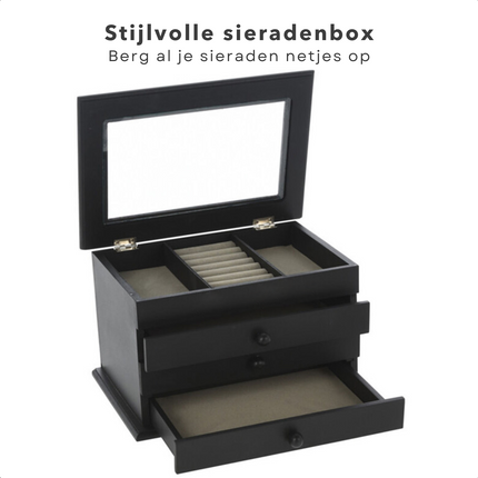 Cheqo® Luxe Sieradenbox Met Spiegel - Bijouteriedoos Opbergbox - Juwelen Opbergdoos - Juwelendoos - MDF - 3 Laden - Zwart - 17x25x15cm Sieradendoos