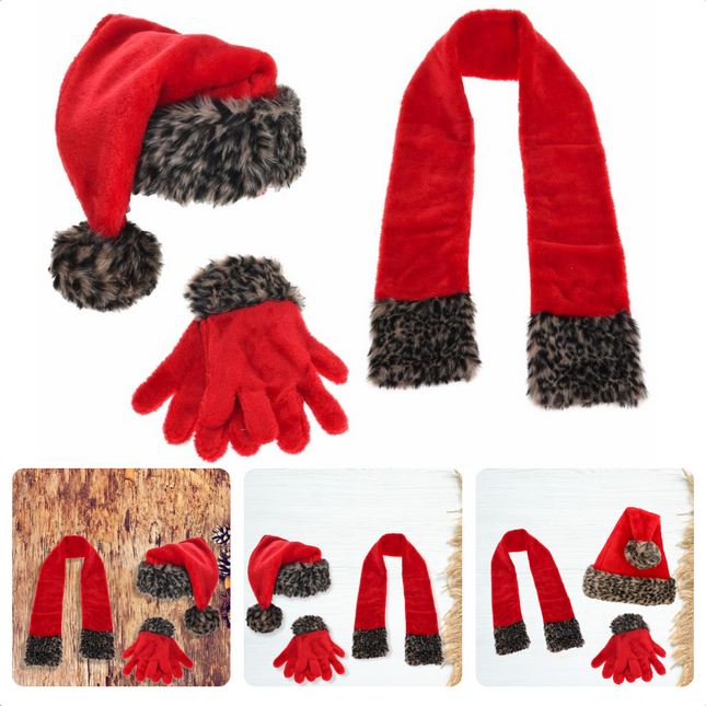 Cheqo® 4-Delige Kerst-Winterset - Muts - Sjaal - Handschoenen - Kerstmis - Kerstman - Kerstmuts - Panterprint - Universele maat - Perfect Voor De Feestdagen - Voor Volwassenen Hoeden